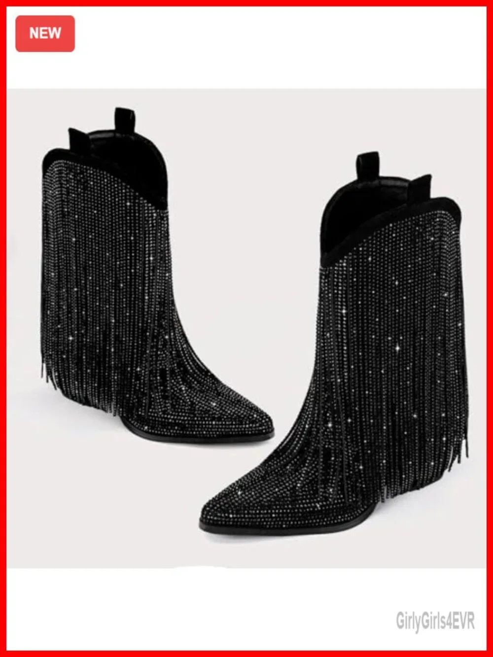 Women's Cowboy Boots Rhinestone Fringe Chunky Heel Pointed Toe Mid Calf Western